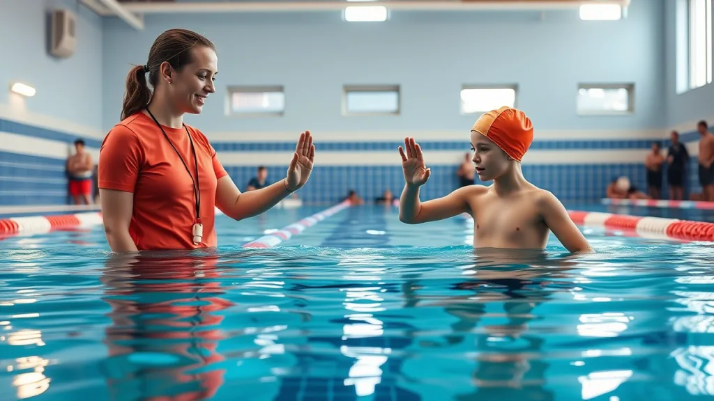 ученик отрабатывает движение рук с тренером в воде