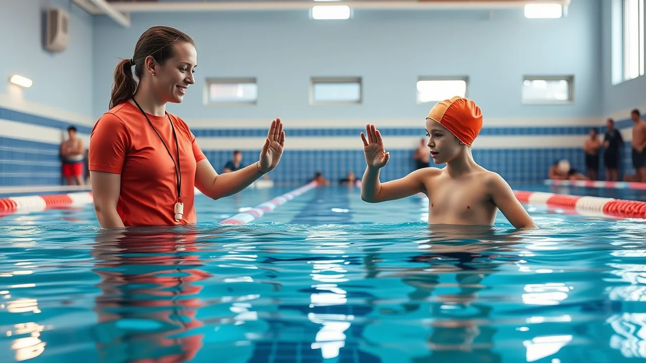 ученик отрабатывает движение рук с тренером в воде