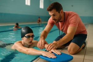 тренер корректирует упражнение с доской у подростка