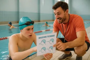 ученик и тренер изучают технику дыхания в бассейне
