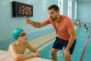 тренер объясняет время на табло ученику