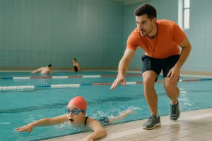 девочка плывёт кролем, тренер наблюдает с бортика