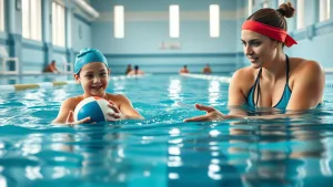 Тренер в бассейне объясняет упражнение с мячом